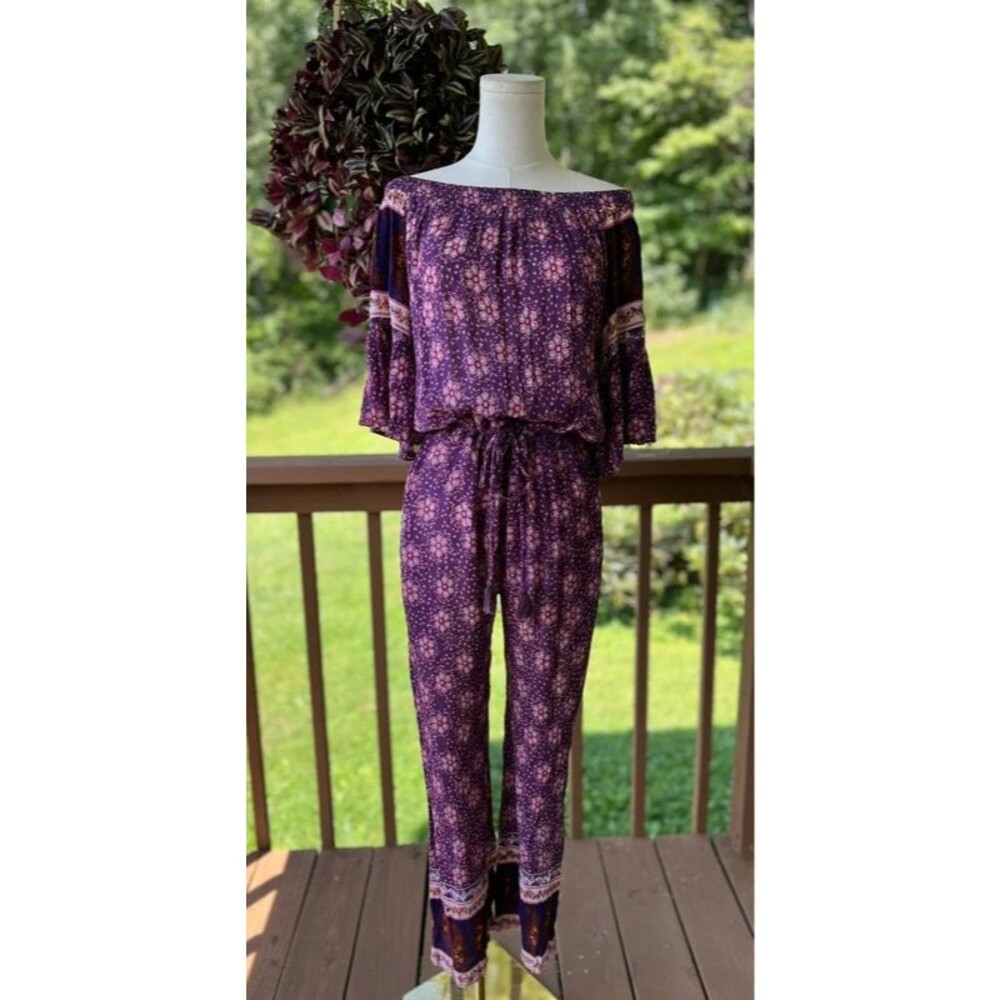 Raga Boho Floral Off Shoulder Wide Leg Jumpsuit Purple Size M
